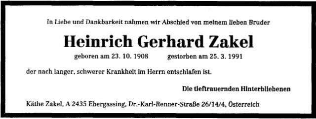 Zakel Heinrich Gerhard 1908-1991 Todesanzeige
